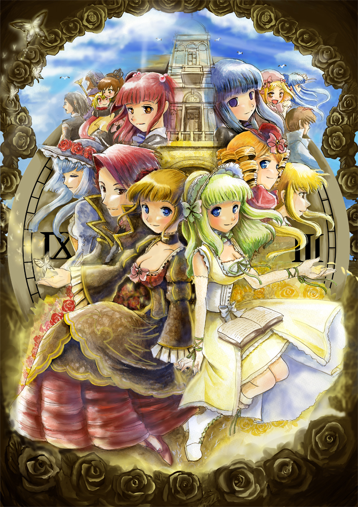 5boys 6+girls beatrice_(umineko) black_hair blonde_hair blue_hair bonnet breasts brown_hair cape choker clair_vaux_bernardus cleavage clock clock_tower dress drill_hair eva_beatrice flower frederica_bernkastel furudo_erika gaap_(umineko) green_hair hair_bobbles hair_flower hair_ornament hat lambdadelta maria_(umineko) multiple_boys multiple_girls no_naku_koro_ni_(series) orange_hair red_hair ronove_(umineko) rose sakutarou_(umineko) sitting smile tower umineko_no_naku_koro_ni urara_(himitsu_kamitu) ushiromiya_ange ushiromiya_battler ushiromiya_lion ushiromiya_maria virgilia_(umineko) willard_h._wright
