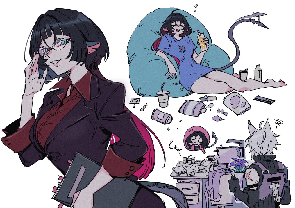 1boy 1girl adjusting_eyewear animal_ears animal_print bean_bag_chair black_hair black_jacket blue_shirt blunt_bangs casual cat_boy chair closed_eyes collared_shirt cup drink flower folder gradient_hair green_eyes holding holding_cup holding_drink holding_folder holding_vase jacket jane_doe_(zenless_zone_zero) lapels long_hair long_sleeves long_tail messy_room mouse_ears mouse_girl mouse_tail multicolored_hair notched_lapels office_chair offnanoda purple_flower red_hair red_shirt scar scar_on_arm seth_lowell sharp_tail shirt short_sleeves sitting sleeveless smile swivel_chair tail white_background white_hair wolf_cut zenless_zone_zero