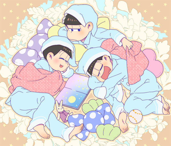 10s 3boys barefoot baseball black_eyes blanket book brothers brown_hair child closed_eyes hat lying male_focus matsuno_ichimatsu matsuno_jyushimatsu matsuno_todomatsu multiple_boys nightcap on_side open_book open_mouth osomatsu-kun osomatsu-san osomatsu_(series) pajamas pillow siblings sleeping smile star_(symbol) stuffed_animal stuffed_rabbit stuffed_toy zooya