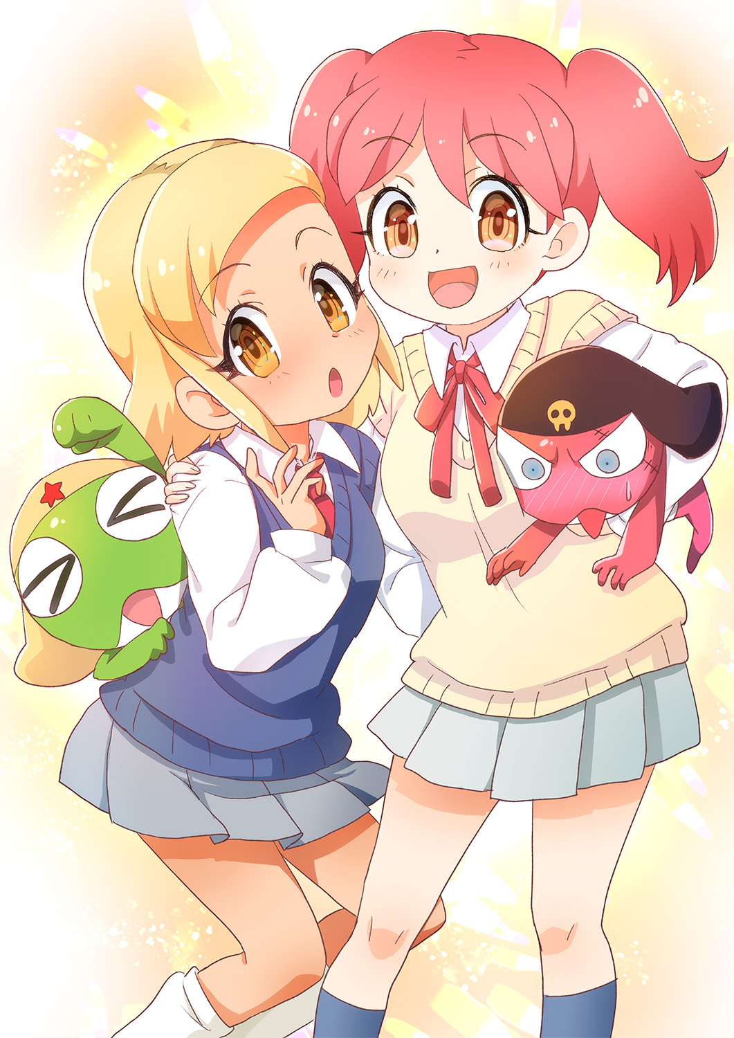 2boys 2girls angol_mois asami blonde_hair brown_eyes giroro gyaru hair_ornament hairclip highres hinata_natsumi keroro keroro_gunsou multiple_boys multiple_girls school_uniform skirt tan