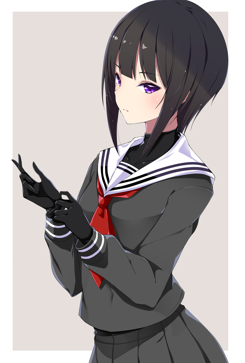 1girl adjusting_clothes adjusting_gloves black_gloves black_hair black_serafuku black_shirt blunt_bangs blush gloves idolmaster idolmaster_cinderella_girls idolmaster_cinderella_girls_starlight_stage looking_at_viewer mutou_kurihito neckerchief pleated_skirt purple_eyes red_neckerchief school_uniform serafuku shirayuki_chiyo shirt sidelocks simple_background skirt solo