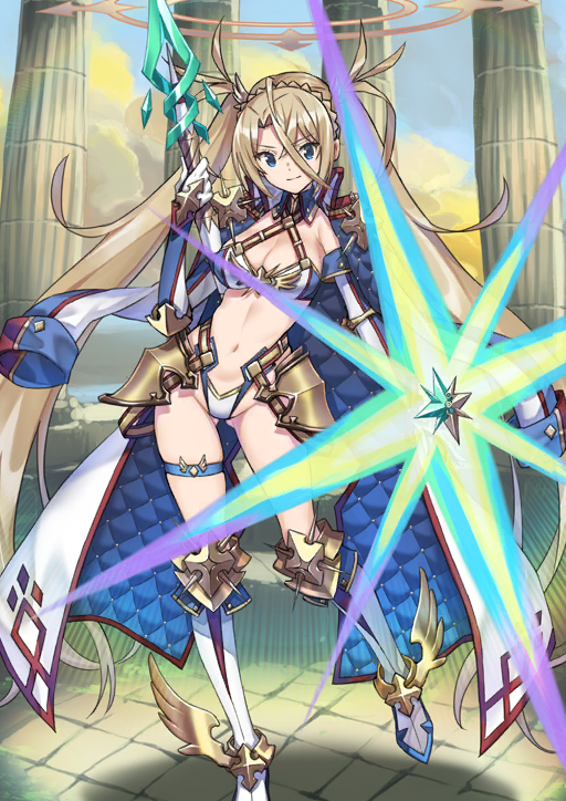 1girl armor armored_boots armpit_crease blonde_hair blue_collar blue_eyes blue_sleeves boots bra bradamante_(fate) bradamante_(third_ascension)_(fate) braid breasts cleavage closed_mouth coat coat_on_shoulders collar criss-cross_halter crown_braid detached_collar detached_sleeves fate/grand_order fate_(series) foot_out_of_frame game_cg gloves gluteal_fold gold_armor groin hair_between_eyes halo halterneck hand_up high_collar highleg highleg_panties holding holding_polearm holding_shield holding_weapon large_breasts long_hair long_hair_between_eyes looking_at_viewer navel official_art open_clothes open_coat panties polearm saitou_masatsugu shield sidelocks skindentation smile solo standing standing_on_one_leg stomach thigh_strap third-party_source twintails two-sided_coat two-sided_fabric underwear variant_set very_long_hair weapon white_boots white_bra white_coat white_gloves white_panties white_sleeves wing_collar