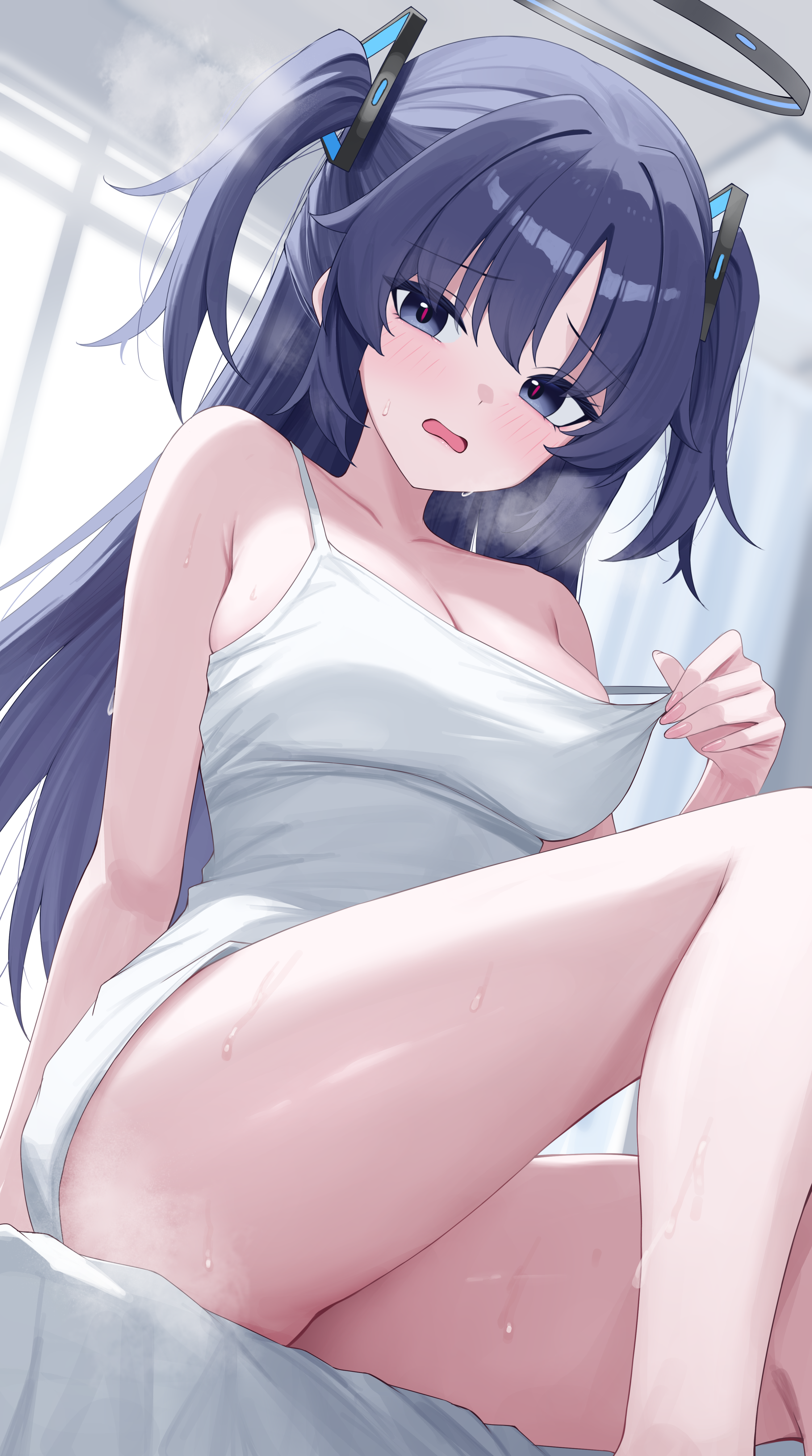 1girl absurdres bare_shoulders bed bed_sheet black_halo blue_archive blush breasts cleavage collarbone commentary dutch_angle from_below hair_between_eyes hair_ornament halo highres indoors knee_up large_breasts long_hair looking_at_viewer mechanical_halo nail_polish on_bed open_mouth pink_nails purple_eyes purple_hair red_pupils sei_(0724sei6) shirt shirt_tug sitting solo spaghetti_strap steam sweat thighs triangle_hair_ornament two_side_up very_long_hair wavy_mouth white_shirt window yuuka_(blue_archive)
