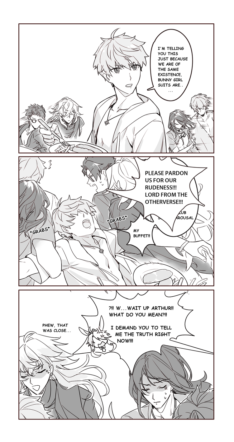 3koma anger_vein arthur_pendragon_(fate) artoria_pendragon_(fate) artoria_pendragon_(lancer)_(fate) comic crying csyday dragging dual_persona eating english_text fate/grand_order fate/prototype fate_(series) gawain_(fate) gawain_(scion_of_summer)_(fate) greyscale highres knights_of_the_round_table_(fate) lancelot_(fate/grand_order) lancelot_(strongest_knight_of_summer)_(fate) male_focus merlin_(fate) monochrome tears tristan_(chicken_of_luluhawa)_(fate) tristan_(fate)