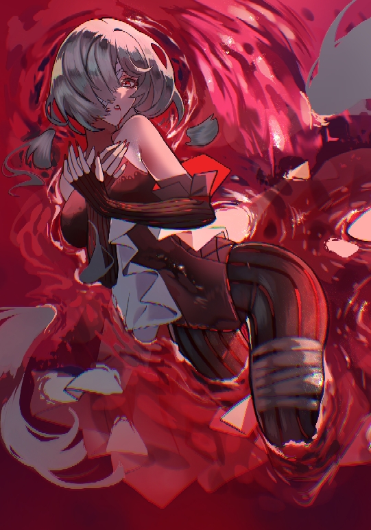 1girl afloat bandage_over_one_eye bodysuit detached_sleeves in_water ls phrolova_(wuthering_waves) red_bodysuit red_sleeves red_water sanya_(sanya_lox228) white_hair wuthering_waves