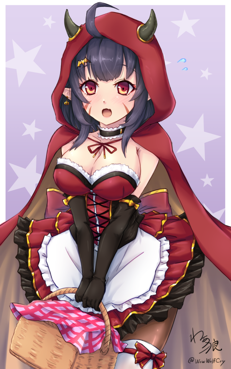 1girl abukuma_(azur_lane) ahoge apron azur_lane basket black_choker black_gloves black_hair black_pantyhose blush breasts choker cleavage cloak collarbone commentary_request completion_time cosplay cowboy_shot dress earrings elbow_gloves facial_mark fang flying_sweatdrops frilled_choker frilled_dress frills gloves hair_between_eyes hair_ornament hairclip halloween halloween_costume highres holding holding_basket hood hood_up hooded_cloak horns jewelry large_breasts little_red_riding_hood little_red_riding_hood_(grimm) little_red_riding_hood_(grimm)_(cosplay) looking_at_viewer medium_hair oni_horns open_mouth pantyhose picnic_basket pointy_ears purple_background red_cloak red_eyes red_hood retrofit_(azur_lane) ribbon-trimmed_legwear ribbon_trim sidelocks signature skin_fang solo standing star_(symbol) star_symbol_background strapless strapless_dress thighhighs twitter_username waa!_okami waist_apron white_thighhighs