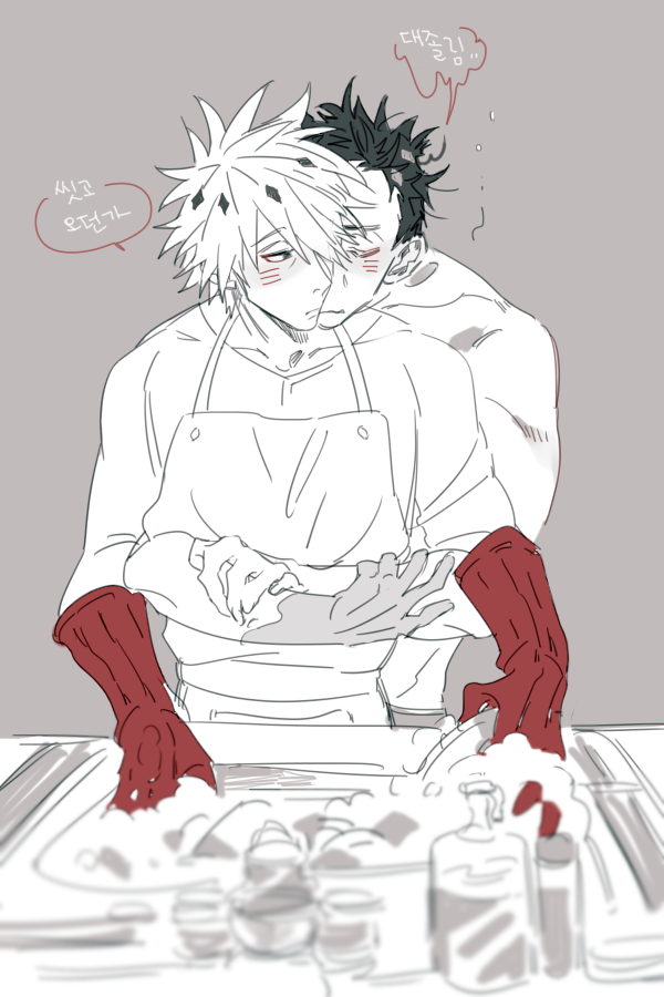 2boys apron blush closed_eyes couple dishwashing hatake_kakashi hug hug_from_behind indoors looking_at_another male_focus multiple_boys naruto_(series) naruto_shippuuden plate shirt short_hair sink speech_bubble standing translation_request uchiha_obito vosovic yaoi