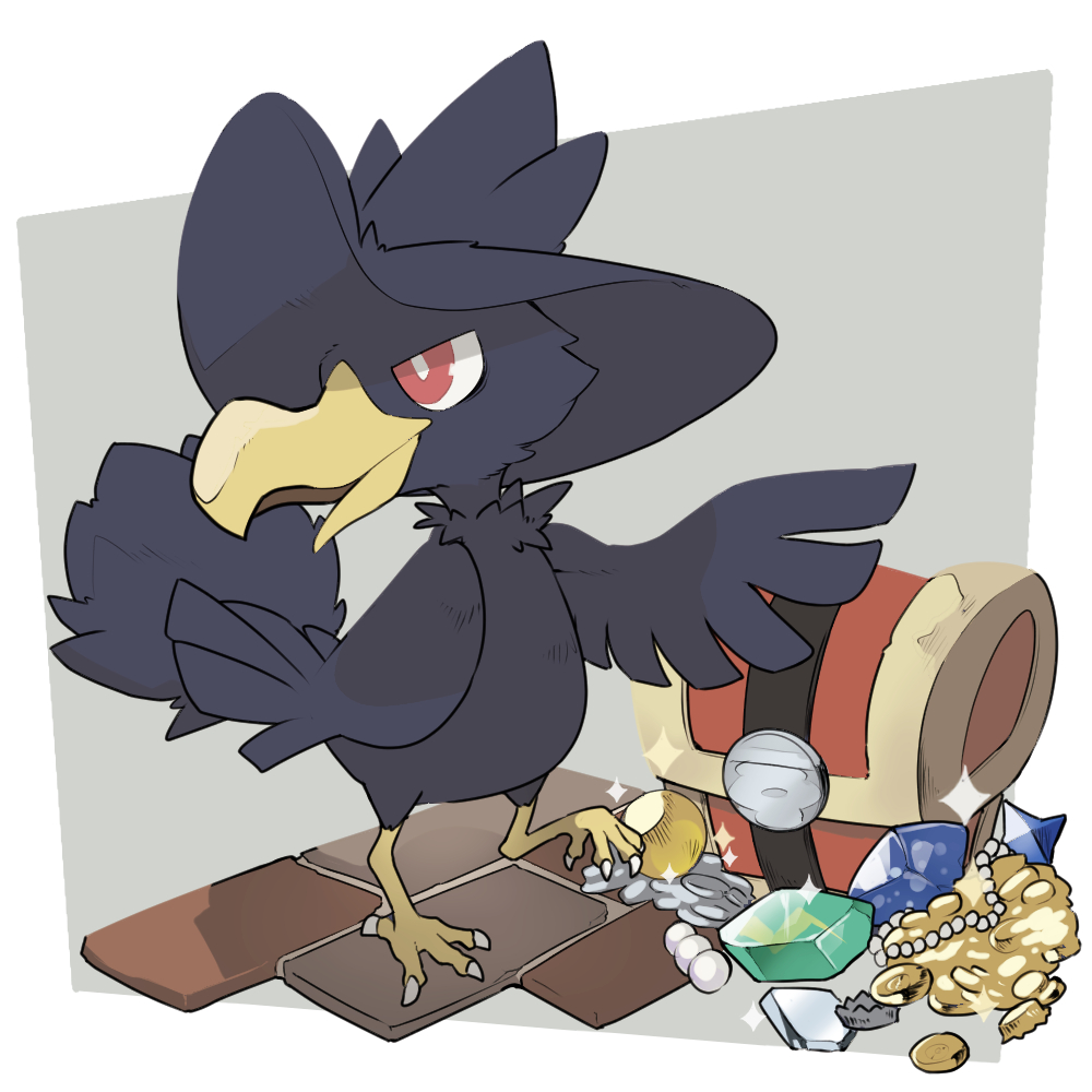 beads bird bright_pupils coin commentary_request evolution_stone evolutionary_stone floating_atsumi game_freak gen_2_pokemon gold_coin murkrow nintendo no_humans nugget_(pokemon) open_mouth pokemon pokemon_(creature) red_eyes solo sparkle standing thunder_stone white_pupils