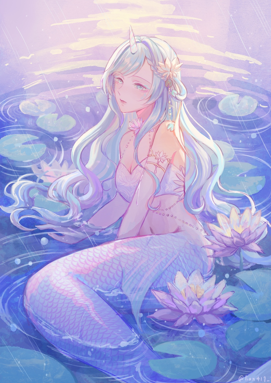 1girl bikini blue_eyes blue_hair blue_tail breasts cleavage closed_mouth commentary_request fins flower hair_flower hair_ornament highres horns large_breasts liliantsai0417 looking_at_viewer lotus_leaf mermaid monster_girl original partially_submerged scales single_horn sitting solo swimsuit white_bikini