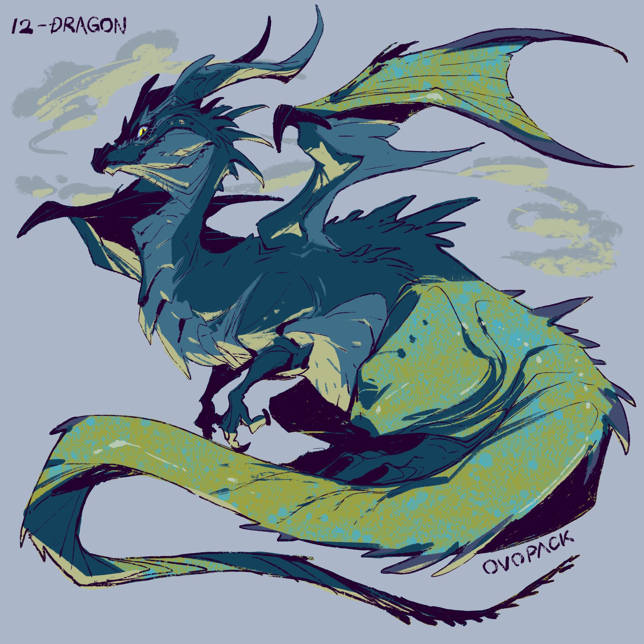 animal_focus artist_name claws dragon from_side full_body grey_background highres horns inktober looking_at_viewer monster murayama_ryota no_humans original signature simple_background slit_pupils smoke solo spikes tail western_dragon wings