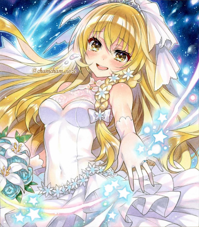 1girl :d alternate_costume blonde_hair bouquet bow braid breasts bridal_veil chacham cleavage covered_navel cowboy_shot dress elbow_gloves flower gloves hair_bow hair_flower hair_ornament holding holding_bouquet jewelry kirisame_marisa long_hair looking_at_viewer marker_(medium) medium_breasts open_mouth outstretched_arm ring see-through_cleavage see-through_clothes side_braid single_braid sleeveless sleeveless_dress smile solo touhou traditional_media twitter_username veil very_long_hair wedding_dress wedding_ring white_bow white_dress white_flower white_gloves yellow_eyes