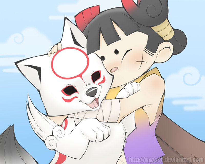 1girl bandages black_hair chibiterasu dog hair_ornament hug japanese_clothes kuninushi nyaasu ookami_(game) ookamiden headpat puppy scar smile sword watermark weapon wolf