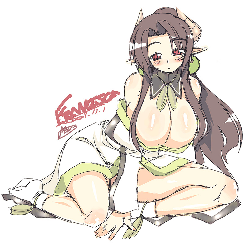 00s 1girl 2007 :o akatsuki_francesca blush breasts brown_hair cleavage demon_girl earrings female_focus horns huge_breasts jewelry long_hair mature_female mel/a off_shoulder original pointy_ears red_eyes sitting socks solo wariza