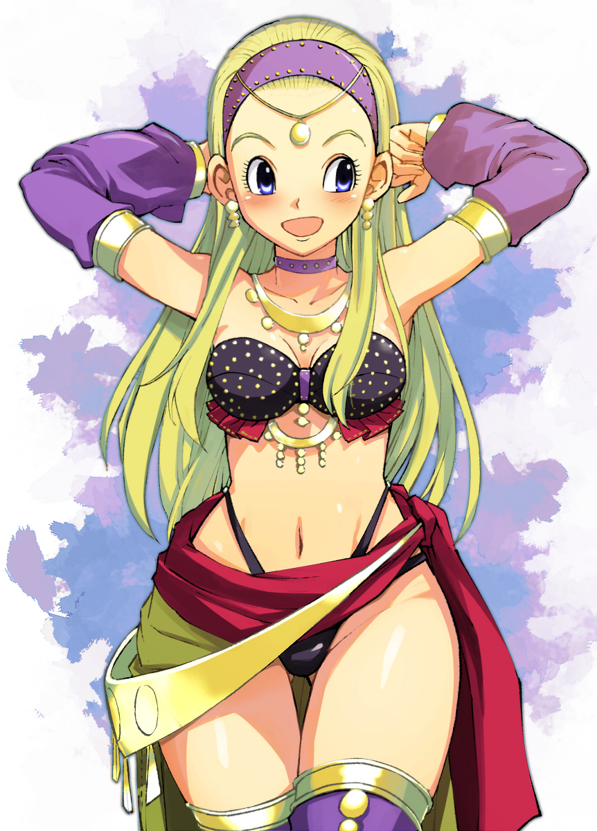 1girl arms_behind_head arms_up bikini black_bikini blonde_hair blue_eyes blush breasts choker cleavage collarbone dancer detached_sleeves dragon_quest dragon_quest_xi earrings hairband harem_outfit highleg highleg_bikini jewelry long_hair long_sleeves looking_to_the_side medium_breasts muramasa_mikado navel necklace official_alternate_costume open_mouth purple_background purple_thighhighs red_sarong sarong senya_(dq11) smile square_enix standing swimsuit thighhighs