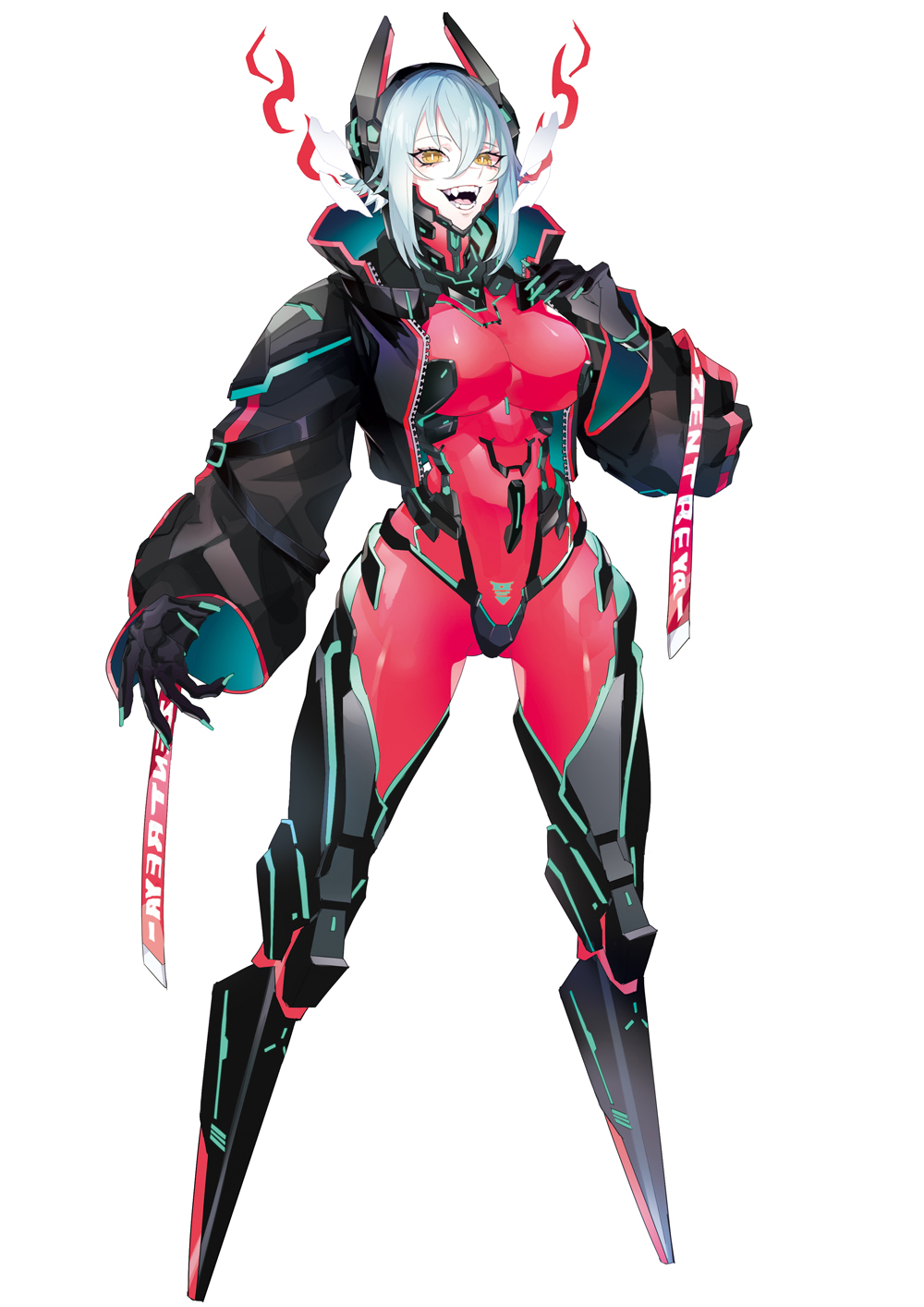 1girl black_jacket bodysuit breasts cropped_jacket highres horns jacket large_breasts looking_at_viewer mechanical_horns medium_hair open_mouth puppeteer7777 red_bodysuit short_hair sidelocks slit_pupils smile solo virtual_youtuber vshojo white_hair yellow_eyes zentreya zentreya_(cyborg) zentreya_(cyborg)_(1st_costume)