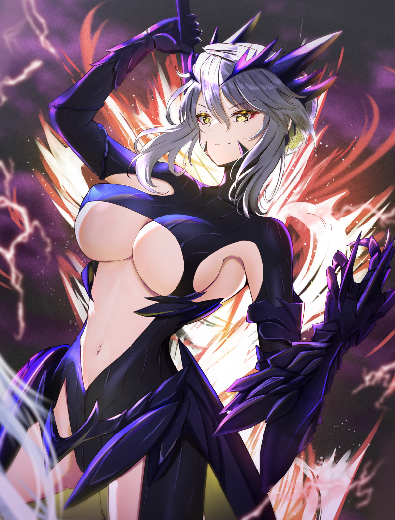 &gt;:) 1girl artoria_pendragon_(fate) artoria_pendragon_(lancer_alter)_(fate) black_bodysuit bodysuit breasts cleavage commission fate/grand_order fate_(series) gao_kawa grey_hair hair_between_eyes large_breasts looking_at_viewer navel pixiv_commission rhongomyniad_(fate) short_hair_with_long_locks sideboob sidelocks solo underboob v-shaped_eyebrows yellow_eyes