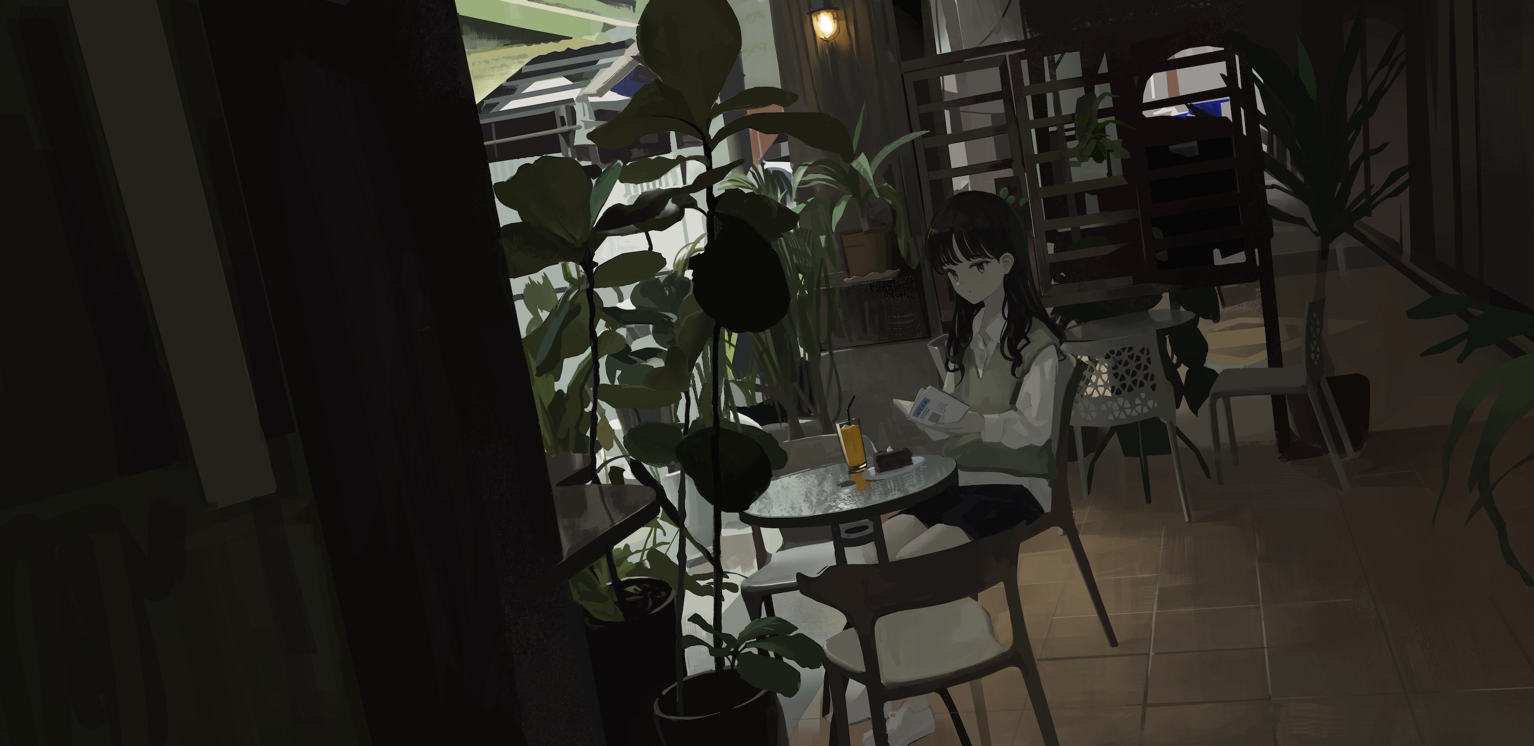 1girl black_hair black_skirt blunt_bangs book cafe chair closed_mouth collared_shirt cup dot_mouth drink drinking_glass drinking_straw dutch_angle expressionless full_body glass_table green_sweater_vest highres holding holding_book indoors long_bangs long_hair long_sleeves looking_down open_book open_collar original orval plant potted_plant reading school_uniform shirt sitting skirt solo sweater_vest table tile_floor tiles wall_lamp wavy_hair white_shirt wispy_bangs