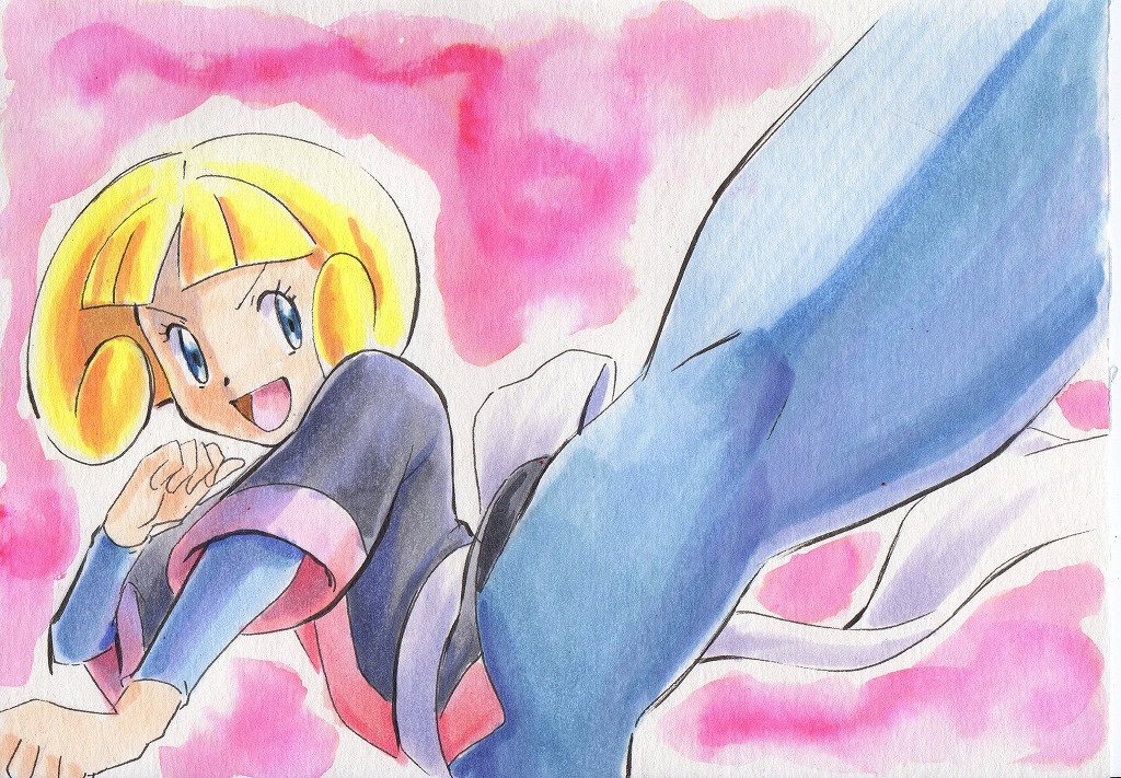 1girl :d black_jacket blonde_hair blue_bodysuit blue_eyes bodysuit dougi eyelashes greta_(pokemon) iwane_masaaki jacket kicking leg_up nintendo open_mouth pokemon pokemon_emerald pokemon_rse short_hair smile solo traditional_media