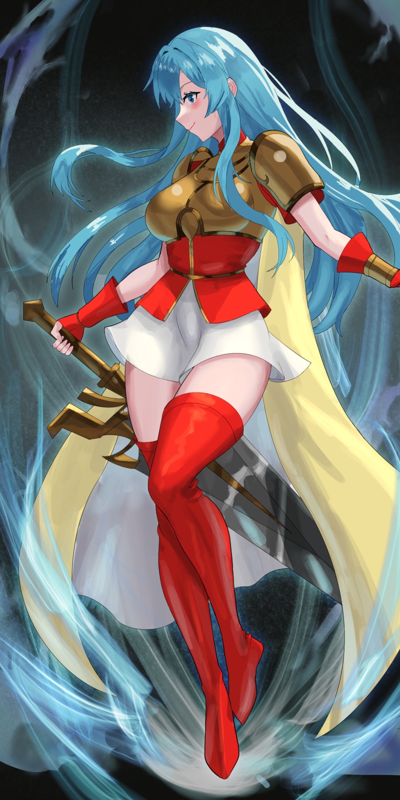 1girl armor aura blue_eyes blue_hair blush boots breasts cape eirika_(fire_emblem) fire_emblem fire_emblem:_the_sacred_stones full_body gold_armor highres holding holding_sword holding_weapon medium_breasts nintendo profile red_boots red_shirt shirt shoulder_armor skirt solo sword tarutaru193 thigh_boots thighs weapon white_skirt