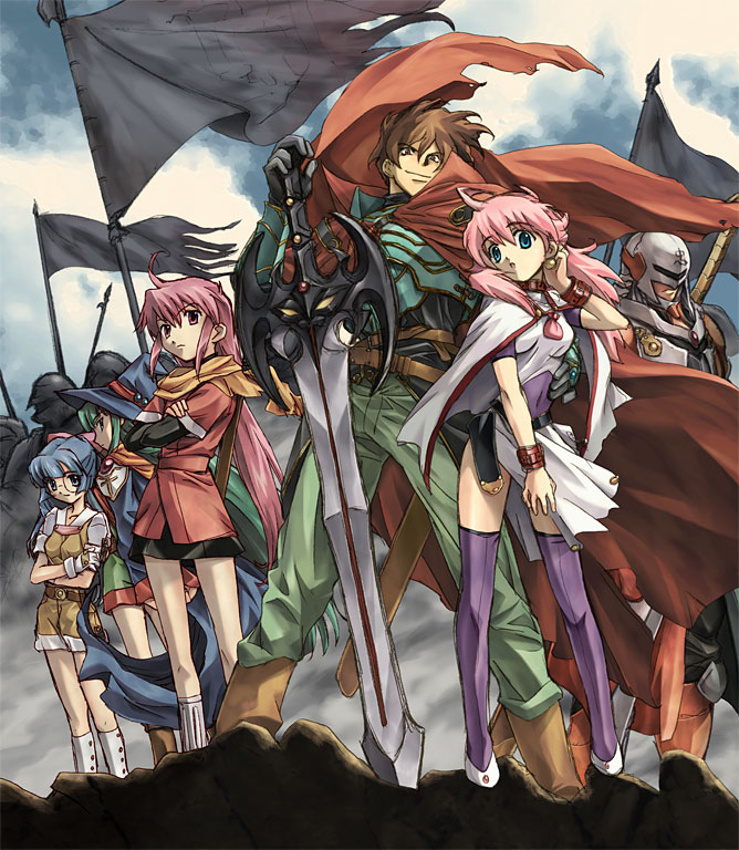 2boys 4girls armor breasts brown_hair chaos_(rance) commentary_request crossed_arms earrings flag glasses green_hair hat jewelry kentou_kanami kichikuou_rance knight long_hair maria_custard masou_shizuka multiple_boys multiple_girls mutsumi_masato outdoors pink_hair rance rance_(series) rick_addison shorts sill_plain sky small_breasts smile sword thighhighs weapon wizard_hat