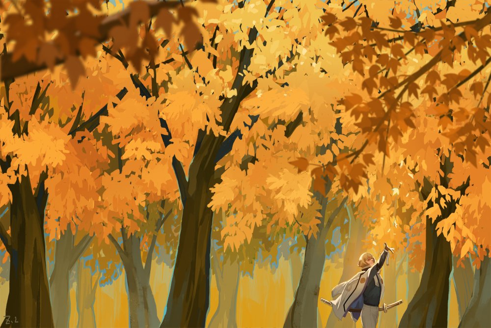 1boy autumn_leaves black_shirt blonde_hair closed_mouth commentary cowboy_shot dated_commentary forest higekiri_(touken_ranbu) jacket jacket_on_shoulders katana leaf male_focus nature outdoors pants scenery sheath sheathed shirt short_hair signature smile solo sword touken_ranbu tree weapon white_jacket white_pants wide_shot yellow_eyes zi_tsas