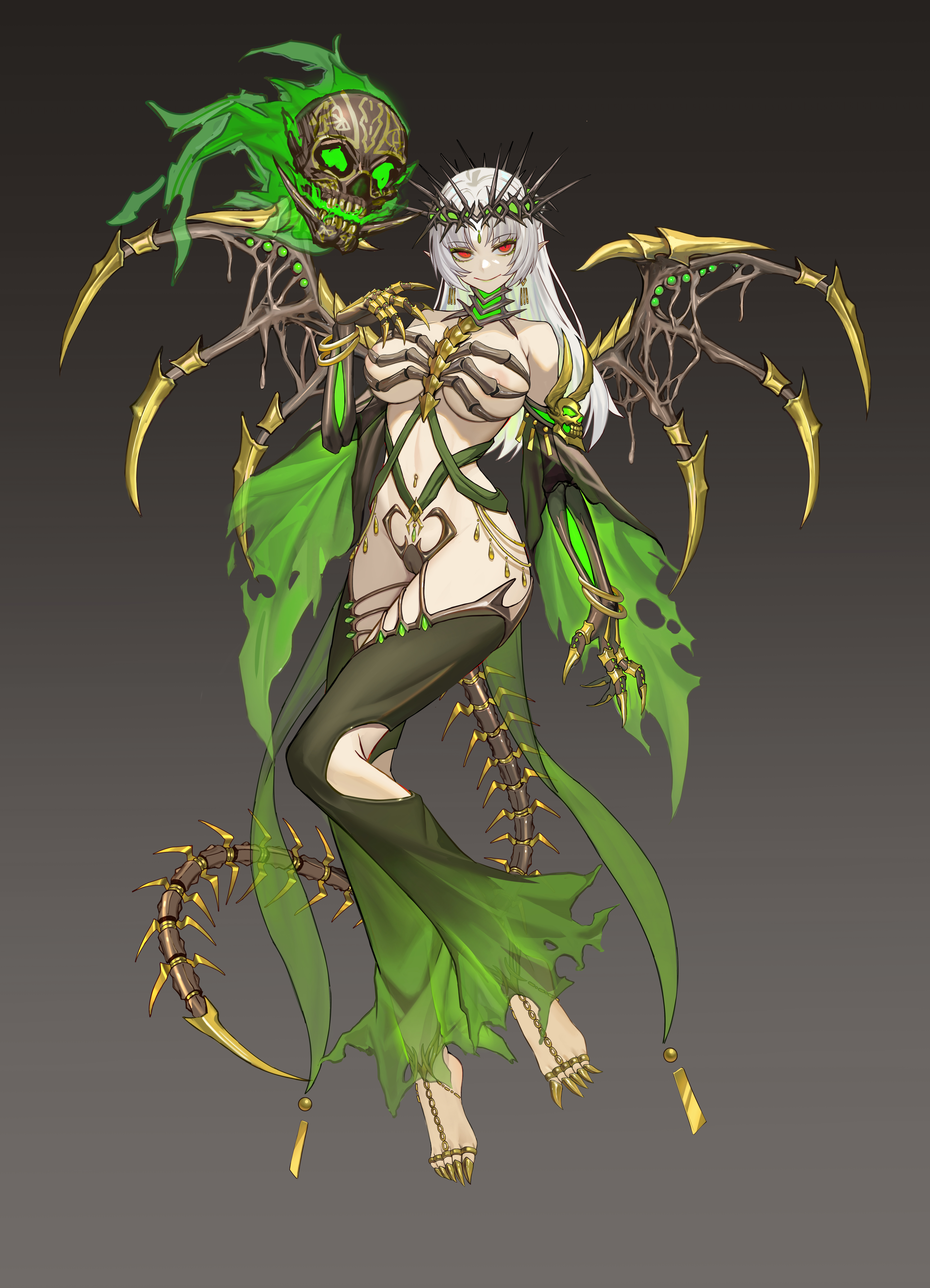 1girl absurdres barefoot_sandals_(jewelry) bracelet breasts claw_ring commission crown_of_thorns detached_sleeves earrings full_body highres jewelry large_breasts long_hair looking_at_viewer original pointy_ears red_eyes revealing_clothes shen_hai_ichigo skeletal_arm skeletal_tail skeletal_wings skull smile solo torn_clothes white_hair wings
