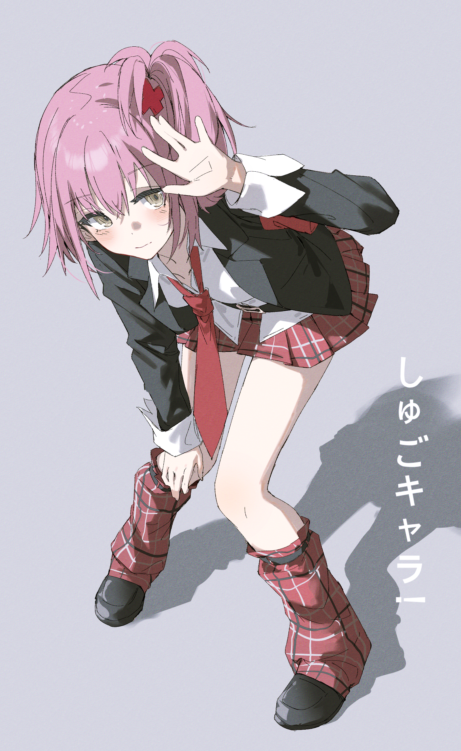 1girl absurdres black_jacket black_shoes blazer blush brown_eyes collared_shirt full_body highres hinamori_amu jacket leg_warmers long_hair miniskirt necktie one_side_up open_clothes open_jacket pink_hair plaid_clothes plaid_leg_warmers plaid_skirt pleated_skirt qtian red_necktie school_uniform shadow shirt shoes shugo_chara! skirt solo standing white_shirt