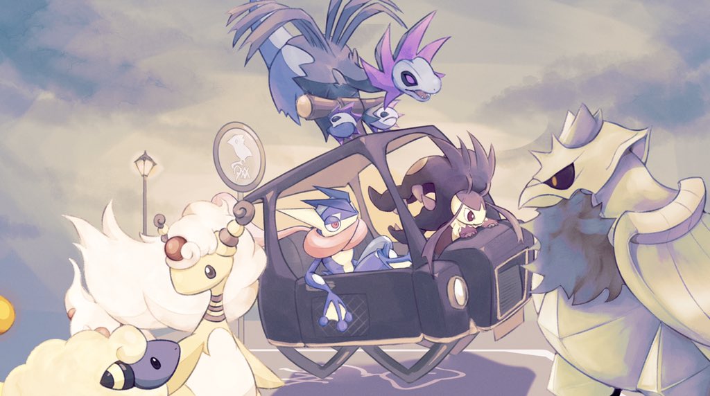 ampharos bird black_eyes black_sclera blue_skin car colored_sclera colored_skin commentary_request corviknight fireblast gen_2_pokemon gen_3_pokemon gen_5_pokemon gen_6_pokemon gen_8_pokemon greninja hydreigon lamppost long_hair mareep mawile mega_ampharos mega_mawile mega_pokemon motor_vehicle multiple_heads multiple_wings nintendo no_humans open_mouth outdoors pokemon pokemon_(creature) red_eyes road_sign sheep sign tail webbed_hands white_hair wings wool yellow_skin