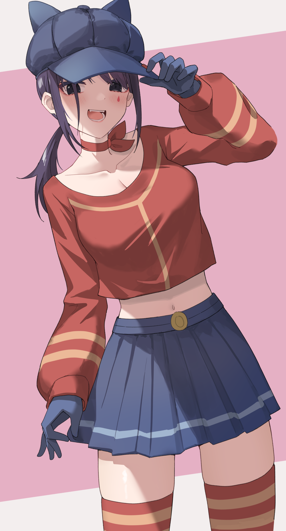 1girl :d animal_ear_headwear animal_ears arm_at_side black_eyes blue_gloves blue_hat blue_skirt breasts newsboy_cap cleavage collarbone commentary cool_mita_(miside) english_commentary facial_mark fake_animal_ears fang gloves hand_on_headwear hat highres large_breasts looking_at_viewer low_ponytail miside mita_(miside) navel open_mouth ponytail profnote purple_hair red_sweater red_thighhighs skirt smile sweater teardrop_facial_mark thighhighs