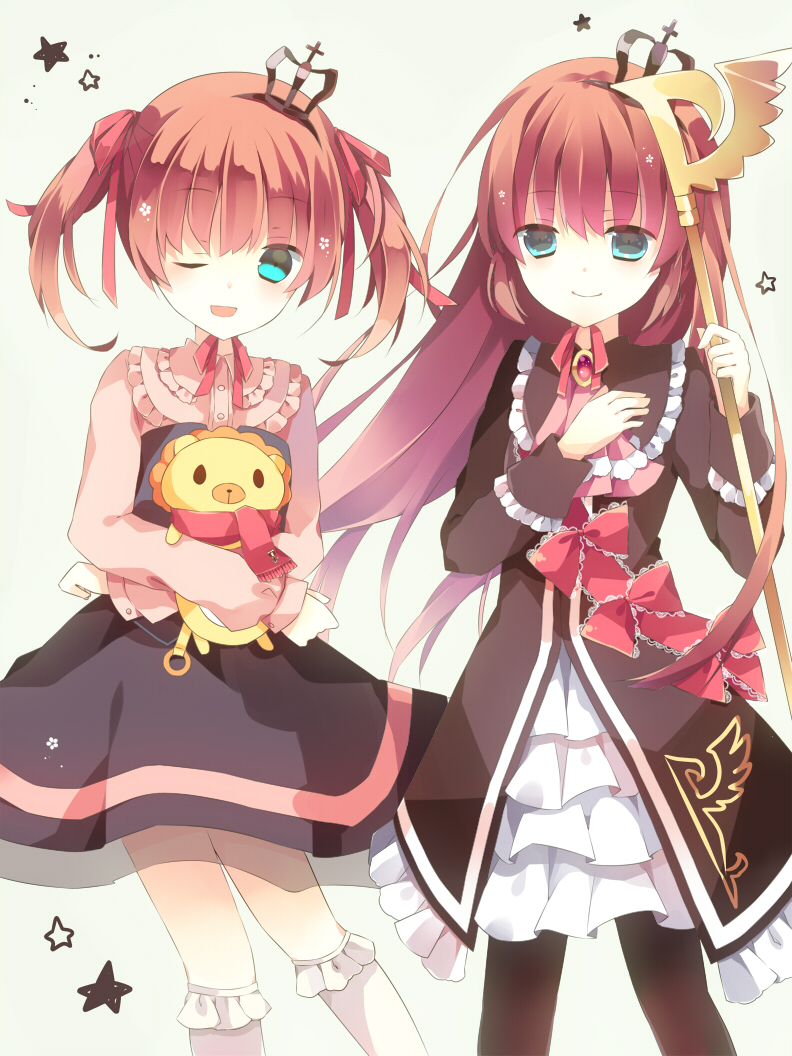 2girls alternate_hair_length alternate_hairstyle ascot black_socks blue_eyes bow crown dress dual_persona hair_ribbon hatoichi_reno kneehighs long_hair maria_(umineko) multiple_girls no_naku_koro_ni_(series) one_eye_closed orange_hair pantyhose renge_(2798537) ribbon sakutarou_(umineko) socks staff star_(symbol) stuffed_animal stuffed_lion stuffed_toy twintails umineko_no_naku_koro_ni ushiromiya_maria white_legwear wink