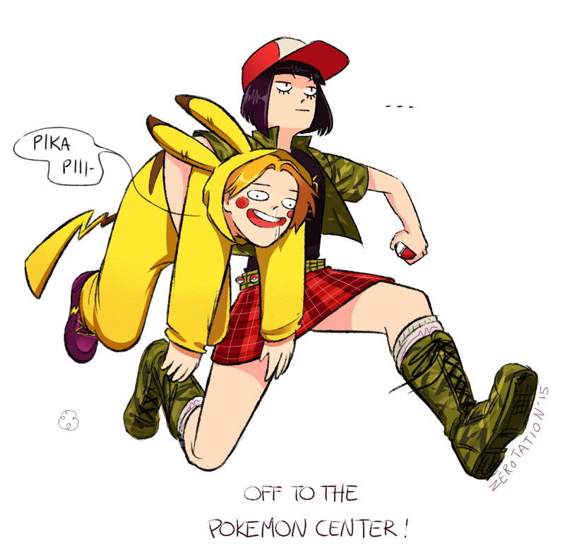 ... 1boy 1girl :d :| animal_ears animal_hood artist_name baseball_cap belt black_hair black_shirt blonde_hair blunt_bangs blush_stickers bob_cut boku_no_hero_academia boots breasts camouflage camouflage_footwear camouflage_jacket carrying carrying_person carrying_under_arm closed_mouth clothes_writing combat_boots commentary constricted_pupils cosplay creatures_(company) cropped_jacket dated dazed drooling english_commentary english_text expressionless eyelashes fake_animal_ears fake_tail full_body game_freak gen_1_pokemon green_belt green_footwear green_jacket grin hanging hat holding holding_poke_ball hood hood_up jacket jiro_kyoka jitome kaminari_denki kigurumi knee_boots kneehighs lace-up_boots long_sleeves nintendo open_clothes open_jacket open_mouth parody parted_bangs pikachu pikachu_(cosplay) plaid_clothes plaid_skirt poke_ball pokemon popped_collar puff_of_air purple_footwear red_hat red_skirt round_teeth running saliva shirt shoes short_sleeves side-by-side signature simple_background skirt small_breasts smile sneakers snot snot_trail socks speech_bubble t-shirt tail teeth upper_teeth_only white_background white_hat white_socks yellow_trim zerotation