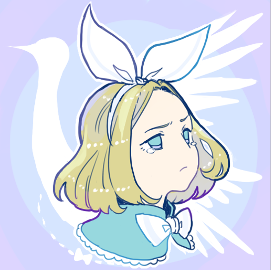 1girl bird blonde_hair blue_background blue_capelet blue_eyes bow bow_hairband capelet classicaloid closed_mouth commentary_request cropped_head fur-trimmed_capelet fur_trim hairband poomich pyotr_illyich_tchaikovsky_(classicaloid) short_hair solo swan tears white_bow white_hairband
