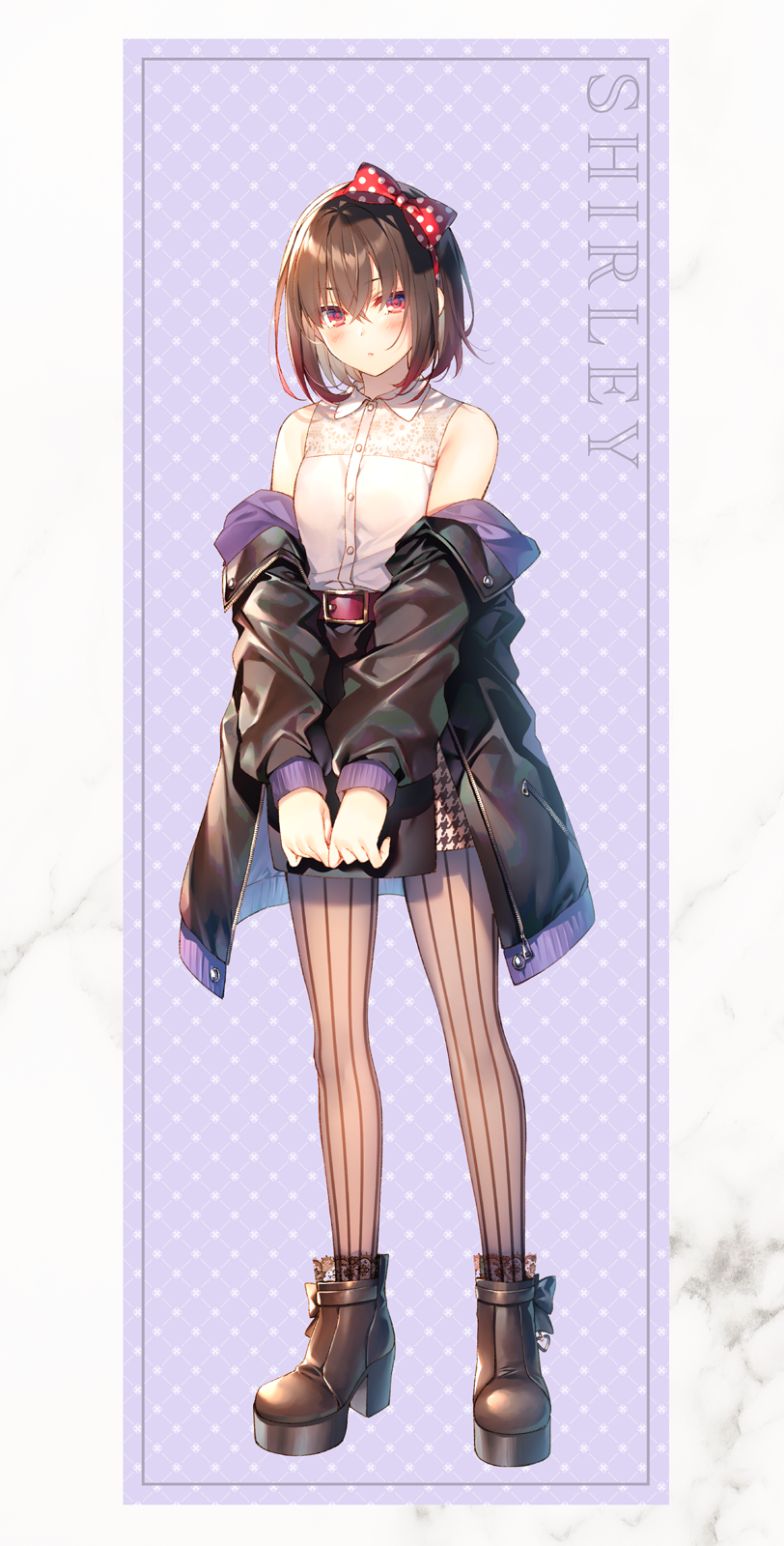 1girl ankle_boots bare_shoulders belt belt_buckle black_jacket black_skirt blush boots bow brown_boots brown_hair brown_legwear buckle closed_mouth collared_shirt commentary_request full_body hair_bow high_heel_boots high_heels highres jacket lace-trimmed_boots lace_trim long_sleeves looking_at_viewer miniskirt off_shoulder open_clothes open_jacket original pantyhose patterned_background polka_dot purple_background red_bow red_eyes shirley_(toosaka_asagi) shirt short_hair skirt solo standing striped_clothes striped_legwear striped_pantyhose toosaka_asagi unzipped v_arms vertical-striped_clothes vertical-striped_legwear vertical-striped_pantyhose white_shirt zipper_pull_tab