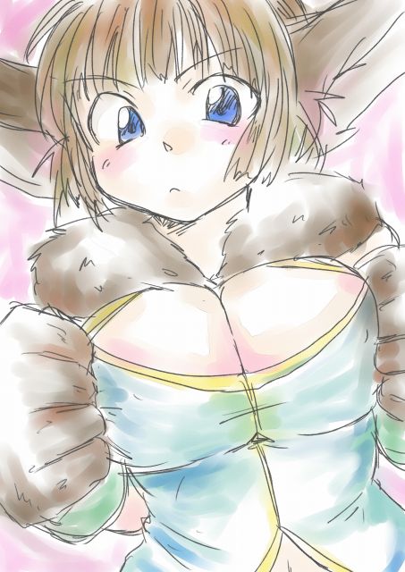 1girl animal_ears animal_hands arms_up bad_id bad_pixiv_id blue_eyes blush breasts brown_hair chrono_cross cleavage cleavage_cutout clothing_cutout eyebrows female_focus fur janice janice_(chrono_cross) jewelry large_breasts looking_at_viewer monster_girl navel pink_background rabbit_ears ryuuzaki_victorias_mochi short_hair simple_background solo tail upper_body