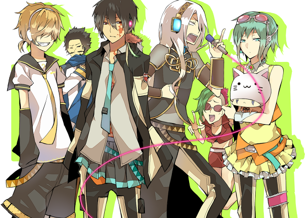 belphegor_(reborn) cosplay crossdressing fran_(reborn) gumi_(cosplay) hatsune_miku_(cosplay) kagamine_len_(cosplay) kaito_(cosplay) katekyo_hitman_reborn! leviathan_(reborn) lussuria mammon_(reborn) megurine_luka_(cosplay) meiko_(cosplay) multiple_boys pants superbi_squalo toeto_(cosplay) toeto_(vocaloid) vocaloid xanxus