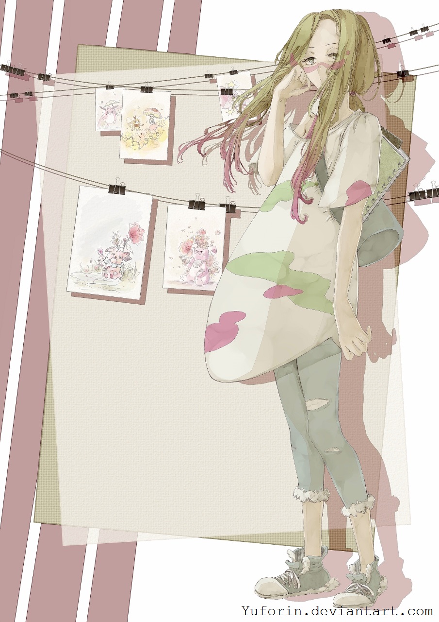 1girl backpack bag binder_clip blonde_hair capri_pants denim duffel_bag full_body game_freak gen_1_pokemon gen_2_pokemon gen_6_pokemon gen_7_pokemon granbull grey_eyes half-closed_eyes hand_on_own_cheek hand_on_own_face jeans klefki long_hair mina_(pokemon) nintendo notebook oversized_clothes oversized_shirt paint_in_hair paint_splatter paint_splatter_on_face painting_(object) pants pokemon pokemon_sm ribombee shiinotic shirt shoes sneakers snubbull solo standing torn_clothes torn_jeans torn_pants wigglytuff yuforin