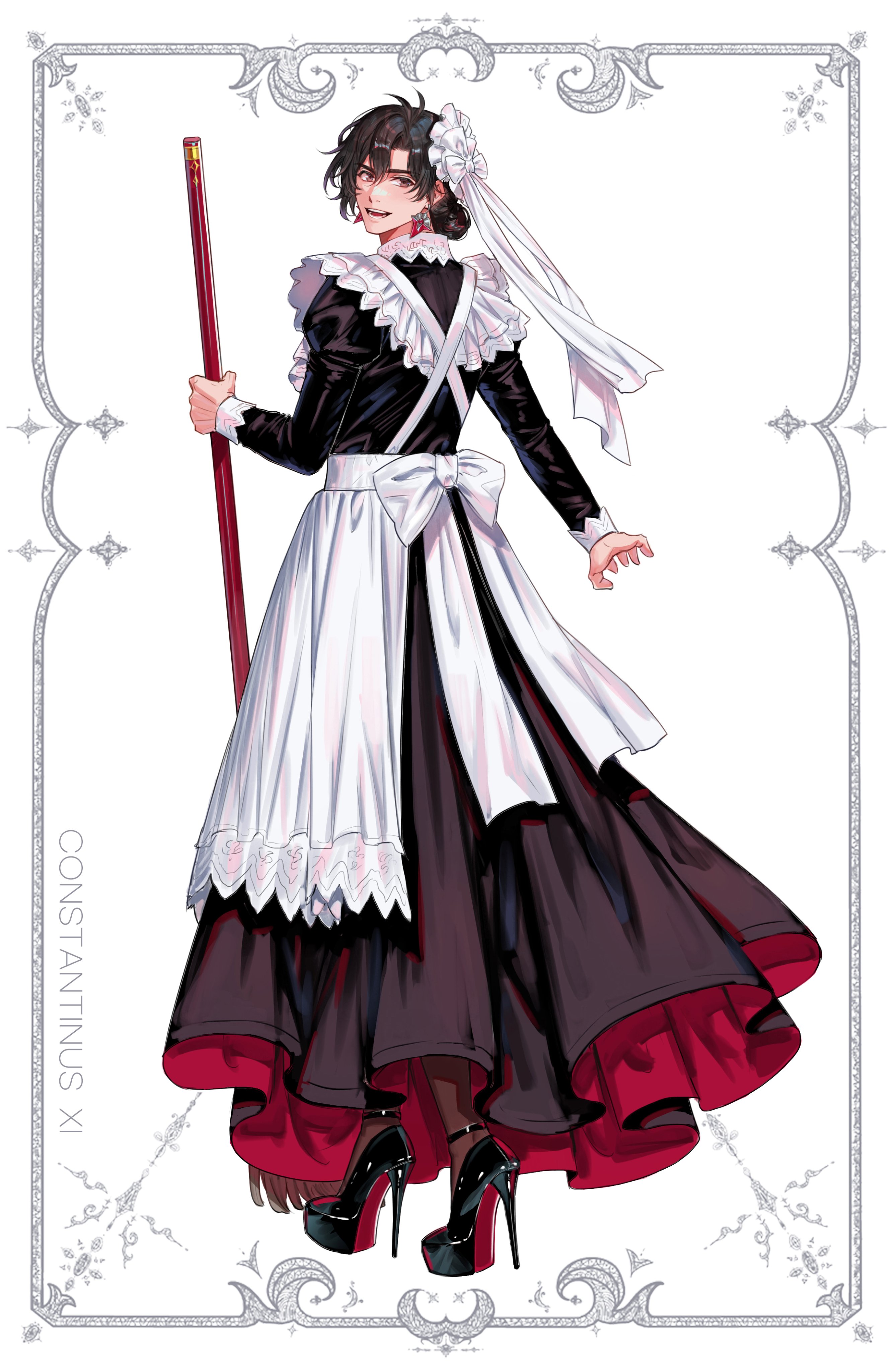 1boy absurdres alternate_costume apron black_dress black_hair border brown_eyes constantine_xi_(fate) crossdressing crossdressing_(mtf) dnstar_1019 dress earrings enmaided fate/grand_order fate_(series) frilled_apron frills full_body hair_between_eyes hair_bun hair_ornament high_heels highres holding holding_mop jewelry looking_at_viewer looking_back maid maid_apron male_focus male_maid mop open_mouth ornate_border short_hair simple_background smile solo standing white_apron white_background