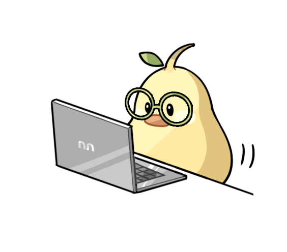 artist_request beak black_eyes blush_stickers computer creature creature_focus food fruit glasses green-framed_eyewear infinity_nikki laptop leaf motion_lines nikki_(series) no_humans official_art pear pear-pal round_eyewear solid_oval_eyes solo table transparent_background