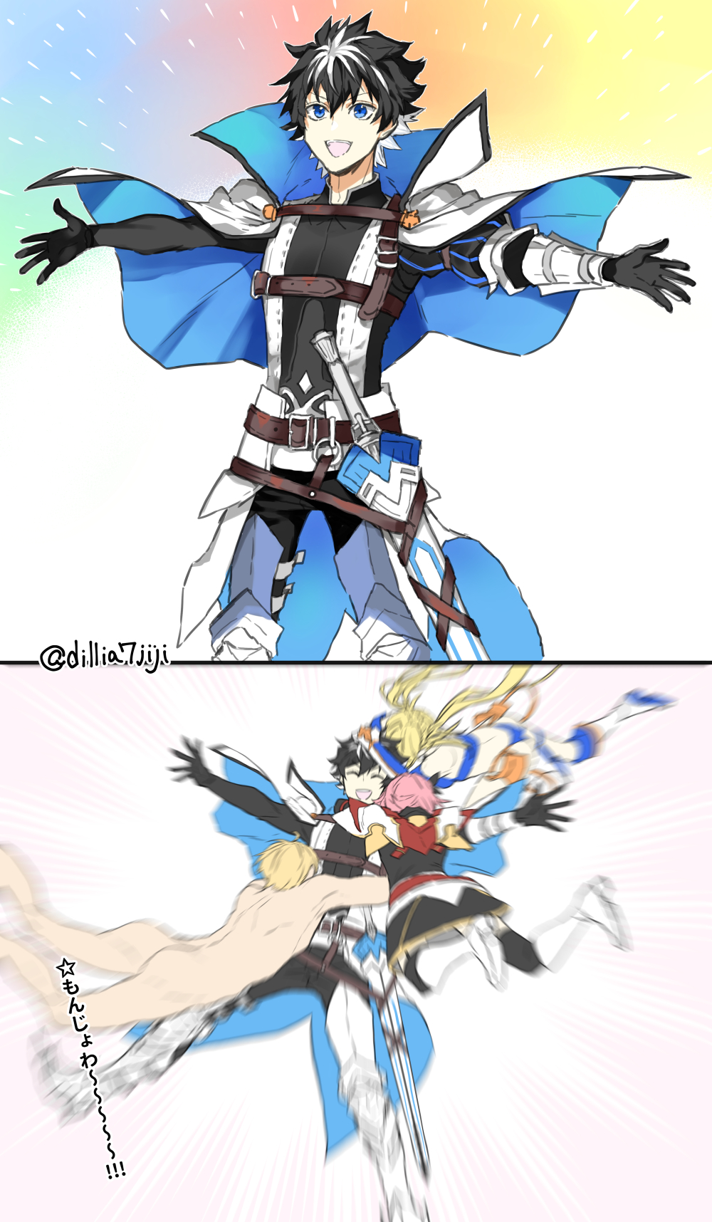 1girl 3boys ass astolfo_(fate) bikini black_legwear black_skirt blonde_hair blue_bikini boy_sandwich bradamante_(fate) bradamante_(third_ascension)_(fate) braid charlemagne_(fate) charlemagne_(first_ascension)_(fate) clothed_male_nude_male crown_braid elbow_gloves epaulettes fate/extella fate/extella_link fate/extra fate/grand_order fate_(series) gloves group_hug highres hug hug_from_behind long_braid long_hair momochi_(orrizonte) multicolored_hair multiple_boys nude open_mouth outstretched_arms outstretched_hand pink_hair roland_(fate) sandwiched short_hair single_braid skirt spread_arms streaked_hair swimsuit thigh_strap trap twintails two-tone_hair very_long_hair white_bikini