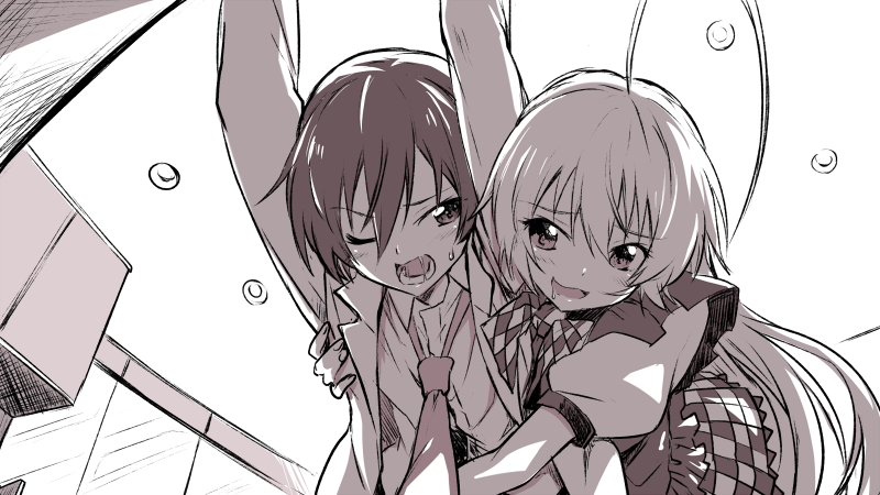 1boy 1girl :d ahoge angry apron arms_up aroused assertive_female backlighting black_apron black_hair blush bow bowtie checkered_bow checkered_bowtie checkered_clothes checkered_skirt commentary_request drooling female_pervert greyscale groping hair_between_eyes haiyore!_nyaruko-san hetero hug hug_from_behind huge_ahoge in_heat indoors jacket long_hair long_sleeves looking_at_another monochrome mouth_drool naughty_face necktie nyarlathotep_(nyaruko-san) one_eye_closed open_clothes open_jacket open_mouth pervert puffy_short_sleeves puffy_sleeves school_uniform short_hair short_sleeves simple_background skirt smile sweatdrop upper_body v-shaped_eyebrows very_long_hair white_background yasaka_mahiro yuto_(dialique)