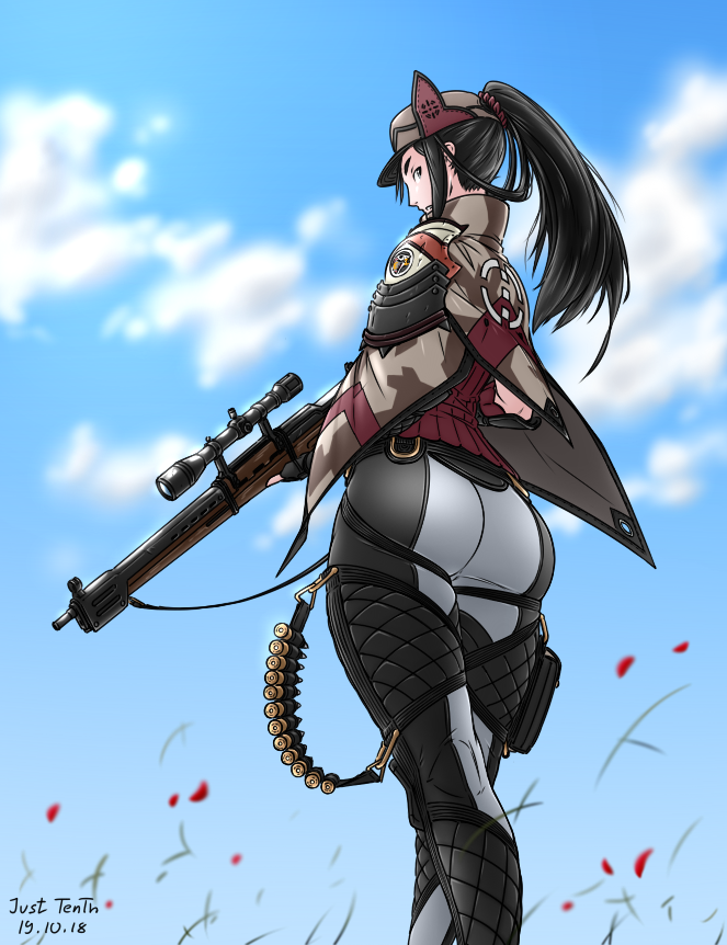 1girl artist_name ass ass_focus black_eyes black_hair blue_sky cloak fingerless_gloves gloves gun hat just_tenth kai_schren pants ponytail rifle scope sega senjou_no_valkyria_(series) senjou_no_valkyria_4 shell_casing sky sniper_rifle tight_clothes tight_pants weapon
