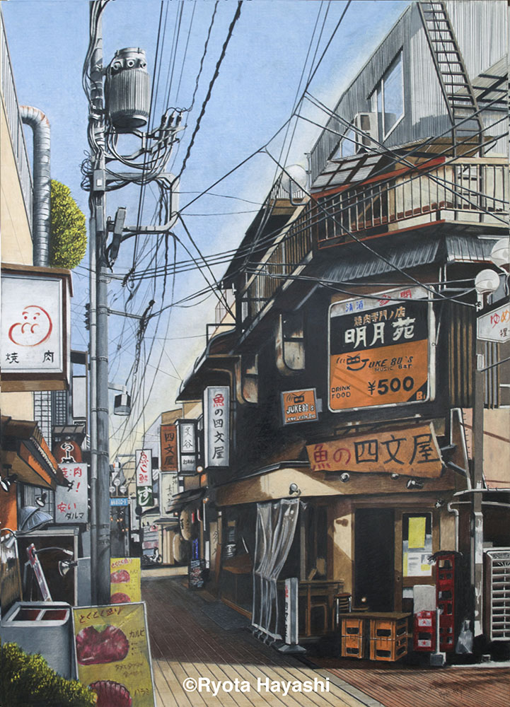 absurdly_detailed_composition artist_name blue_sky building city cityscape colored_pencil_(medium) complex_exterior copyright_notice day hayashi_ryouta no_humans outdoors power_lines road road_sign scenery shopping_district shouwa sign sky street traditional_media translation_request utility_pole