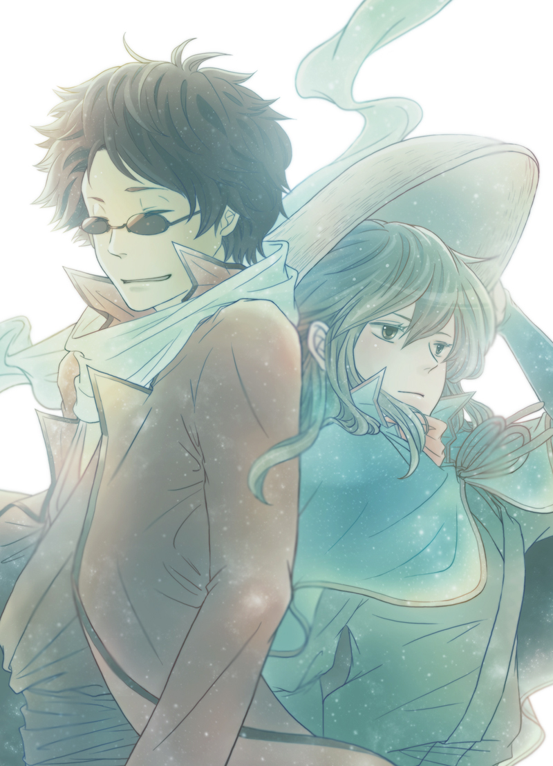 1boy 1girl back-to-back bad_id bad_pixiv_id brown_hair cotoooh gintama green_hair hat japanese_clothes long_coat long_hair mutsu_(gintama) sakamoto_tatsuma sandogasa scarf short_hair sunglasses