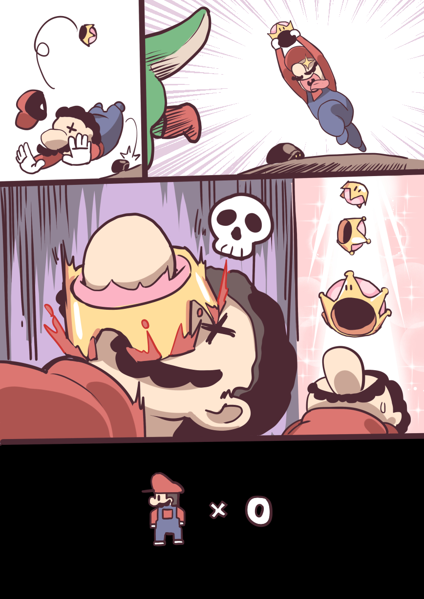 +_+ 1boy black_hair blood buzzy_beetle chasing crown death facial_hair flat_cap gameplay_mechanics hat highres hm_(hmongt) lying mario mario_(series) mini_crown mustache new_super_mario_bros._u_deluxe nintendo on_back open_mouth overalls red_hat skull sparkle super_crown super_mario_bros._1 sweat tongue tongue_out tripping unworn_hat unworn_headwear uvula x_x yoshi