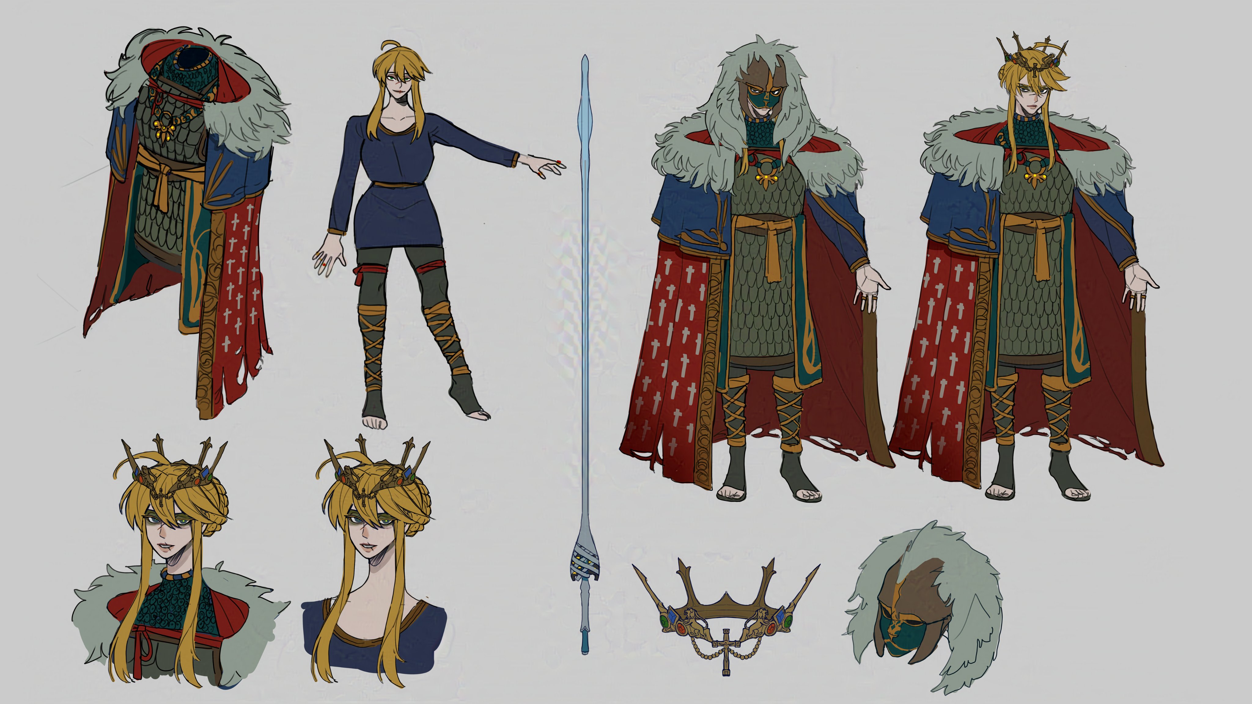 1girl absurdres ahoge armor artoria_pendragon_(fate) artoria_pendragon_(lancer)_(fate) blonde_hair braid braided_bun breasts closed_mouth coat commentary cross cross_print crown english_commentary fate/grand_order fate_(series) fur-trimmed_coat fur_trim green_eyes hair_between_eyes hair_bun helmet highres jewelry large_breasts long_hair looking_at_viewer mask open_mouth rhongomyniad_(fate) ring savadava scar scar_on_face scar_on_mouth scar_on_nose sidelocks simple_background smile