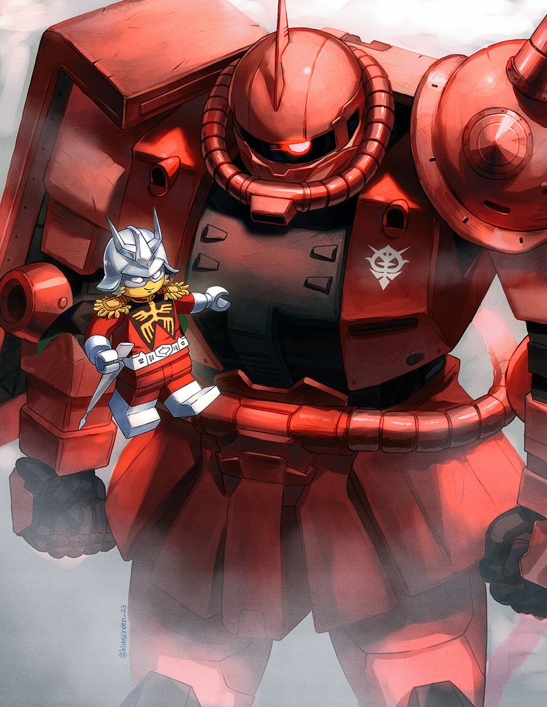 1boy arms_at_sides blonde_hair bluescreen_23 char_aznable clenched_hands closed_mouth commentary_request cowboy_shot epaulettes glowing glowing_eye gundam helmet horns jacket lego_minifig looking_at_viewer male_focus mask mecha military_uniform mobile_suit mobile_suit_gundam pants red_eyes red_jacket red_pants robot science_fiction shoulder_spikes single_horn smile spikes standing the_lego_group twitter_username zaku_ii_s_char_custom zeon