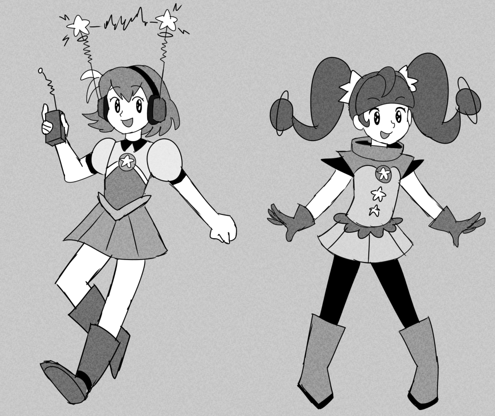 1960s_(style) 2girls commentary cure_milky cure_star eggtempest english_commentary full_body gloves hagoromo_lala hair_ornament headphones holding holding_radio hoshina_hikaru long_hair looking_at_viewer monochrome multiple_girls oldschool precure puffy_sleeves radio radio_antenna retro_artstyle short_hair smile star_(symbol) star_twinkle_precure twintails