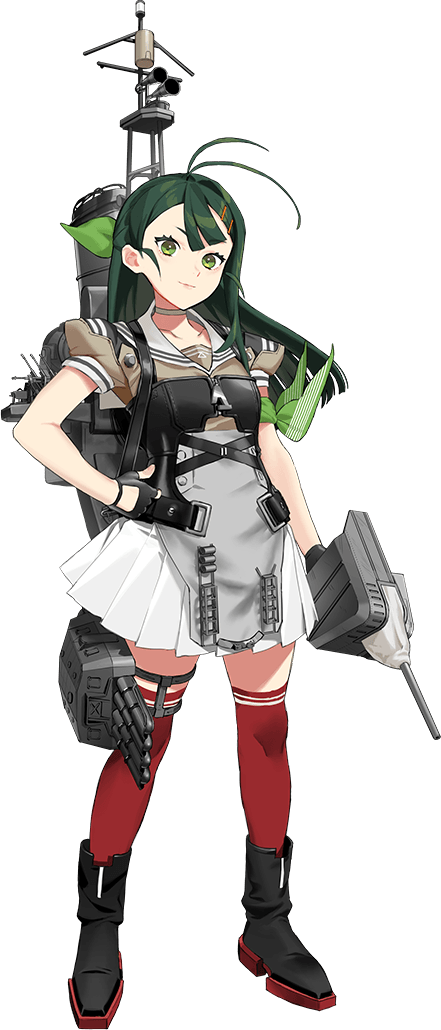 1girl adapted_turret ahoge antenna_hair apron bad_link black_boots black_gloves boots dress fingerless_gloves gloves green_eyes green_hair grey_apron grey_sailor_collar hair_ornament hair_ribbon hairclip hand_on_own_hip kantai_collection looking_at_viewer machinery official_art open_mouth pleated_skirt red_thighhighs ribbon sailor_collar sailor_dress school_uniform serafuku short_sleeves skirt solo standing sugi_(kancolle) thighhighs torpedo torpedo_launcher transparent_background umihara_sakana zipper_pull_tab