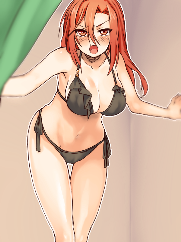 1girl angry aozaki_touko bikini blush breasts cleavage curtains dressing_room female_focus kamehima kara_no_kyoukai large_breasts long_hair looking_at_viewer navel open_mouth red_eyes red_hair solo swimsuit thigh_gap