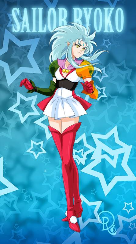 1girl bishoujo_senshi_sailor_moon boots cosplay detached_sleeves drachea_rannak dress female_focus forehead_jewel gloves high_heel_boots high_heels parody pleated_dress pointy_ears red_gloves ryouko_(tenchi_muyou!) sailor_collar sailor_senshi sailor_senshi_(cosplay) see-through_clothes short_dress silver_hair solo star_(symbol) star_symbol_background tenchi_muyou! thigh_boots thighhighs unofficial_sailor_senshi_uniform watermark yellow_eyes